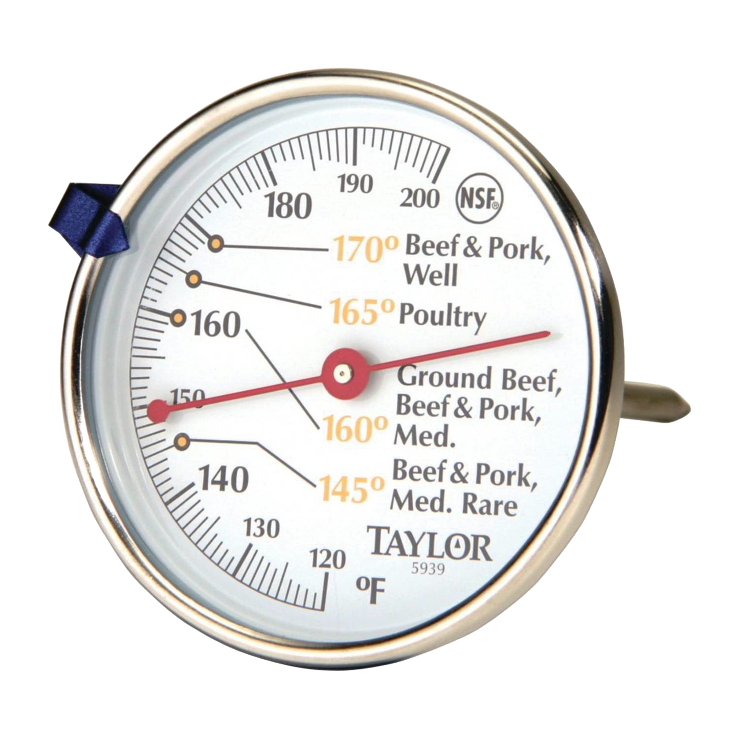 Dial-style professional meat thermometer with large, clear numbers and temperature markings for various meats, crafted from stainless steel, ideal for Kitchen & Food and Kitchen Gadgets collections.