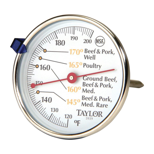 Dial-style professional meat thermometer with large, clear numbers and temperature markings for various meats, crafted from stainless steel, ideal for Kitchen & Food and Kitchen Gadgets collections.