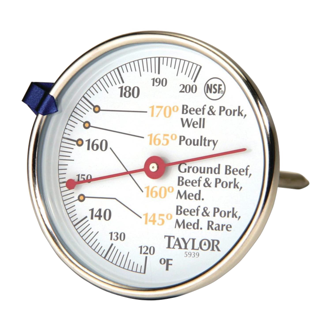 Dial-style professional meat thermometer with large, clear numbers and temperature markings for various meats, crafted from stainless steel, ideal for Kitchen & Food and Kitchen Gadgets collections.