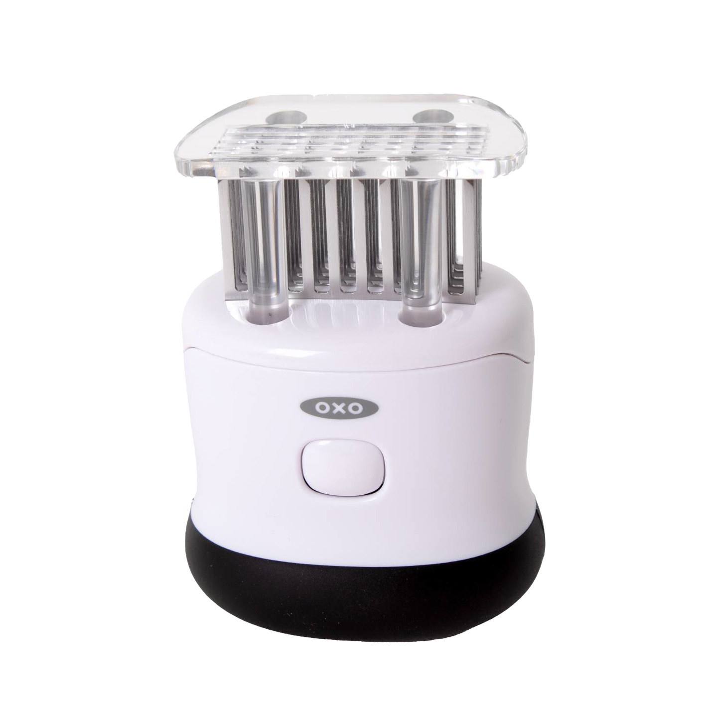 White and black OXO meat tenderizer with 58 stainless steel blades, safety lock, and non-slip grip, designed for Kitchen & Food, Specialty Equipment, and Butchering Supplies collections.
