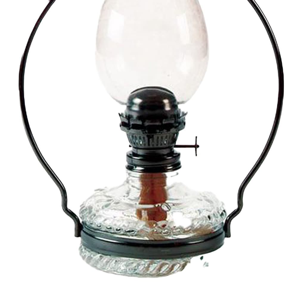 Handcrafted hanging oil lamp with antiqued steel frame featuring embossed rope design and smoke bell deflector, perfect for farm, garden, and homesteading lighting needs.