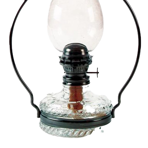 Handcrafted hanging oil lamp with antiqued steel frame featuring embossed rope design and smoke bell deflector, perfect for farm, garden, and homesteading lighting needs.