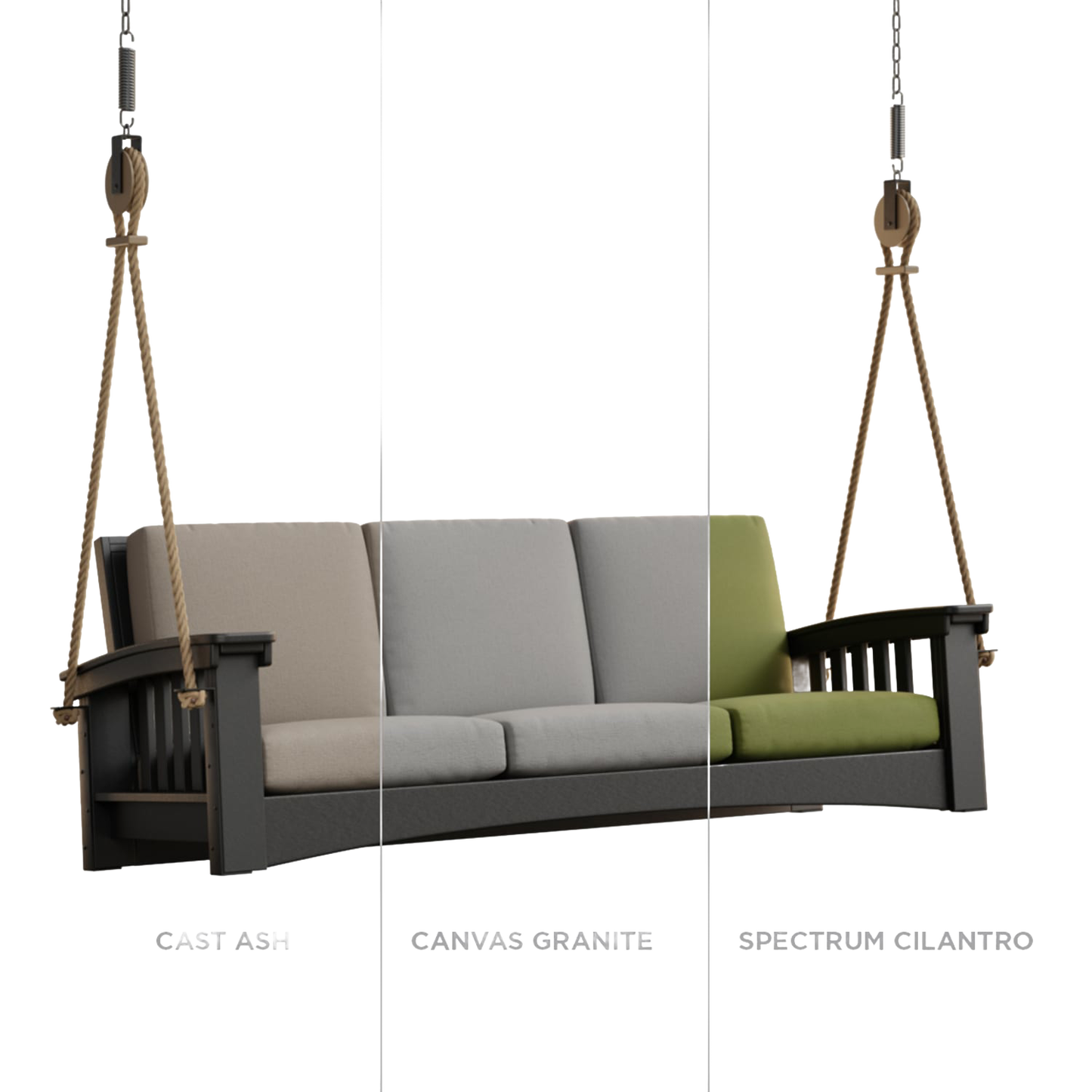 Handcrafted durable cypress porch swing with rope hangers and thick soft cushions in beige, gray, and green, featured in Home & Decor, Outdoor Furniture, USA Made, Amish Made collections.