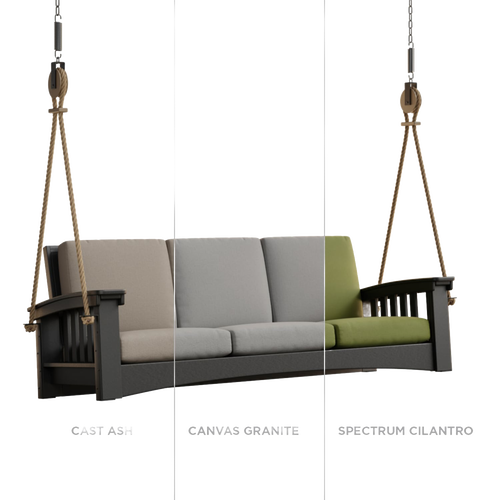 Handcrafted durable cypress porch swing with rope hangers and thick soft cushions in beige, gray, and green, featured in Home & Decor, Outdoor Furniture, USA Made, Amish Made collections.
