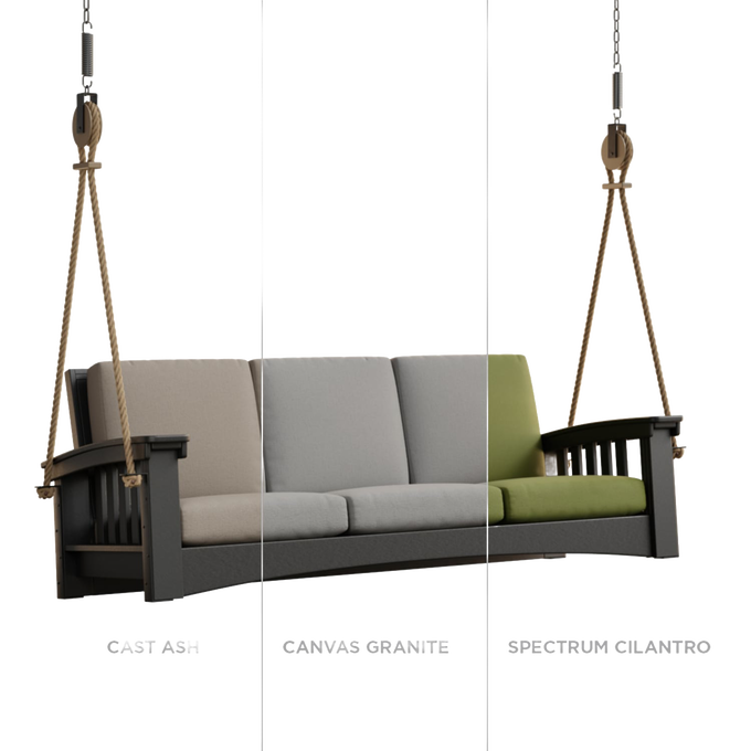 Handcrafted durable cypress porch swing with rope hangers and thick soft cushions in beige, gray, and green, featured in Home & Decor, Outdoor Furniture, USA Made, Amish Made collections.