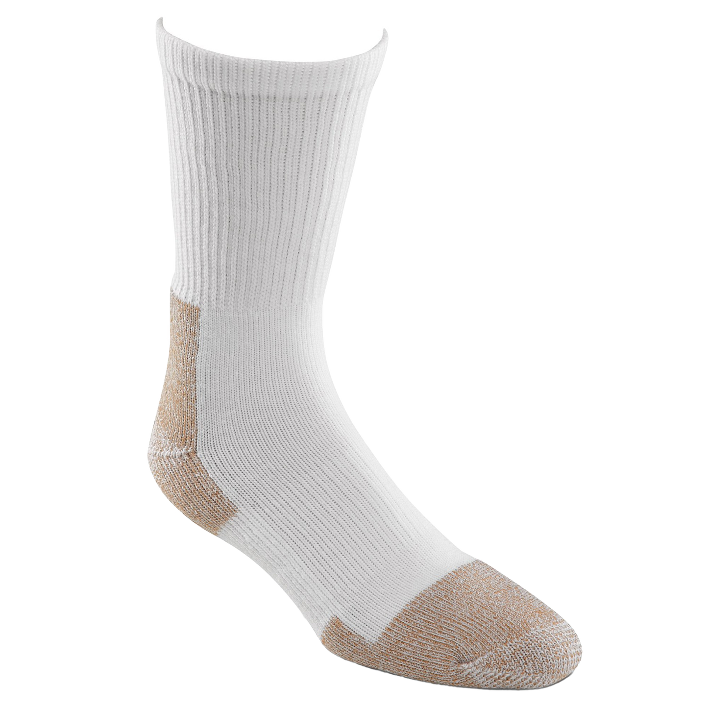 Heavyweight crew sock in white with reinforced tan heel and toe, designed for durability and moisture-wicking comfort, part of USA Made, Health & Wellness, and Clothing and Accessories collections.