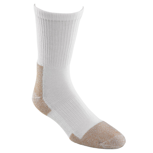 Heavyweight crew sock in white with reinforced tan heel and toe, designed for durability and moisture-wicking comfort, part of USA Made, Health & Wellness, and Clothing and Accessories collections.