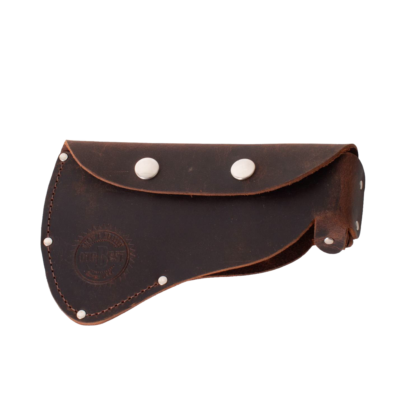 Handcrafted full-grain leather sheath with snap closures, designed to protect axe heads and attach to a belt; Amish made, USA crafted, ideal for Farm, Garden & Tool and Hand Tools collections.