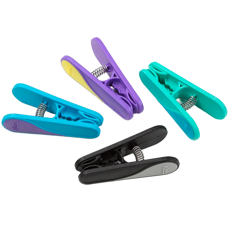 Set of four brightly colored dual-molded thermoplastic rubber clothes pins with stainless steel springs, featuring raised ridges for extra grip, ideal for laundry and home decor.