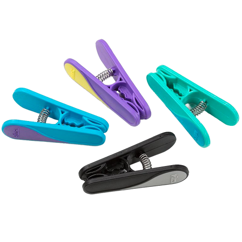 Set of four brightly colored dual-molded thermoplastic rubber clothes pins with stainless steel springs, featuring raised ridges for extra grip, ideal for laundry and home decor.