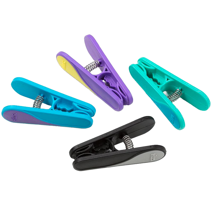Set of four brightly colored dual-molded thermoplastic rubber clothes pins with stainless steel springs, featuring raised ridges for extra grip, ideal for laundry and home decor.