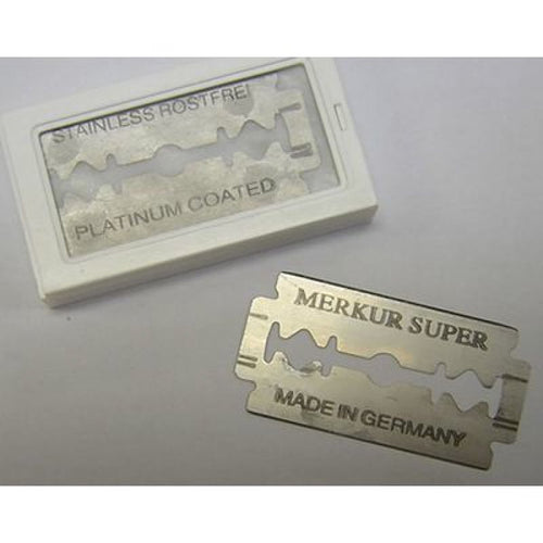 Set of stainless steel double-edged razor blades with platinum coating, labeled Merkur Super and made in Germany, ideal for Health & Wellness, Grooming and Personal Hygiene, Best Sellers, and Promo Eligible collections.