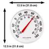 White indoor and outdoor thermometer with large black numbers and red needle, 12-inch round face for easy reading, water-resistant design, featured in Garden Accessories and Farm, Garden & Tool collections.