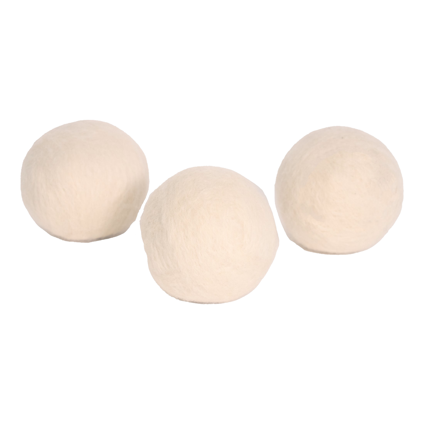 Set of three natural wool dryer balls in light cream color, handcrafted in the USA, designed for efficient, chemical-free drying in laundry supplies and home decor collections.