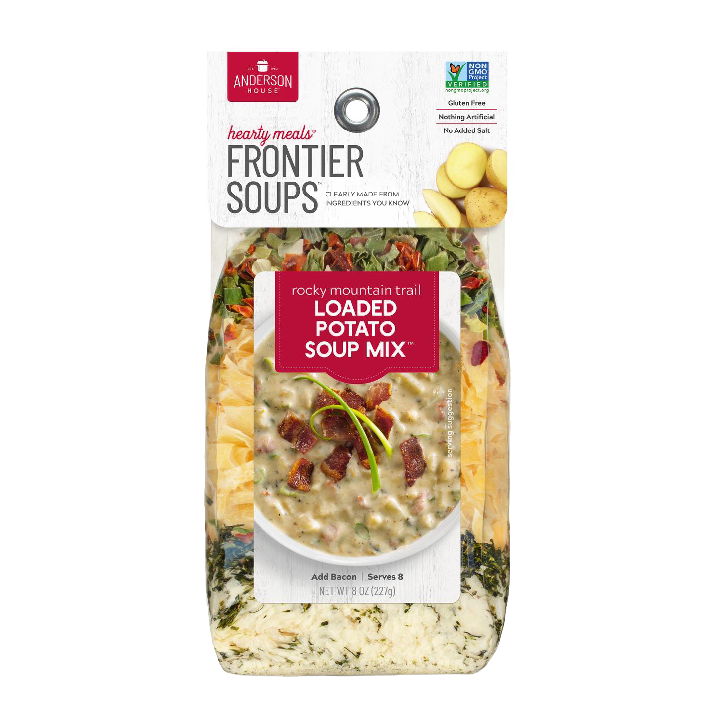 Clear bag of handcrafted gluten-free loaded potato soup mix featuring natural dried potatoes, herbs, and bacon pieces; included in Kitchen & Food, Pantry, Dry Goods and Mixes, Soups, Best Sellers, and Promo Eligible collections.
