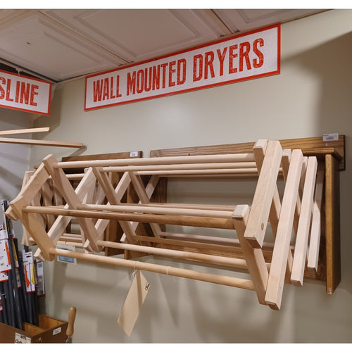 Handcrafted Amish made expandable wooden wall dryer with multiple drying rods in natural wood finish, ideal for Home & Decor, Laundry Supplies, Dryers and Drying Accessories, USA Made collections.
