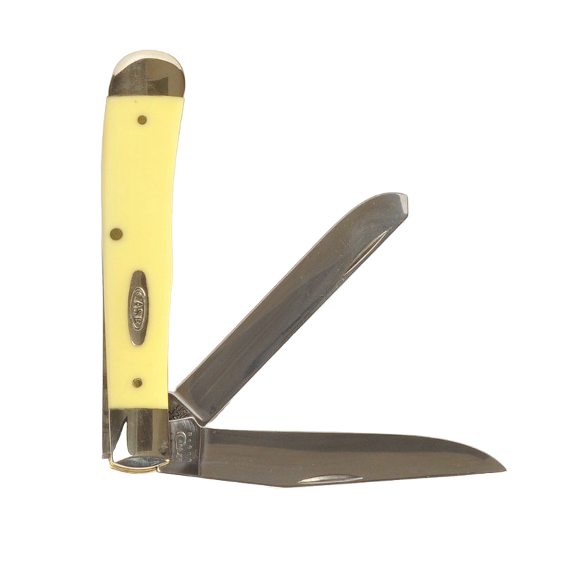 Traditional pocket knife with bright yellow handle made in USA, featuring two chrome vanadium blades ideal for farm, garden, camping, and hand tool use.