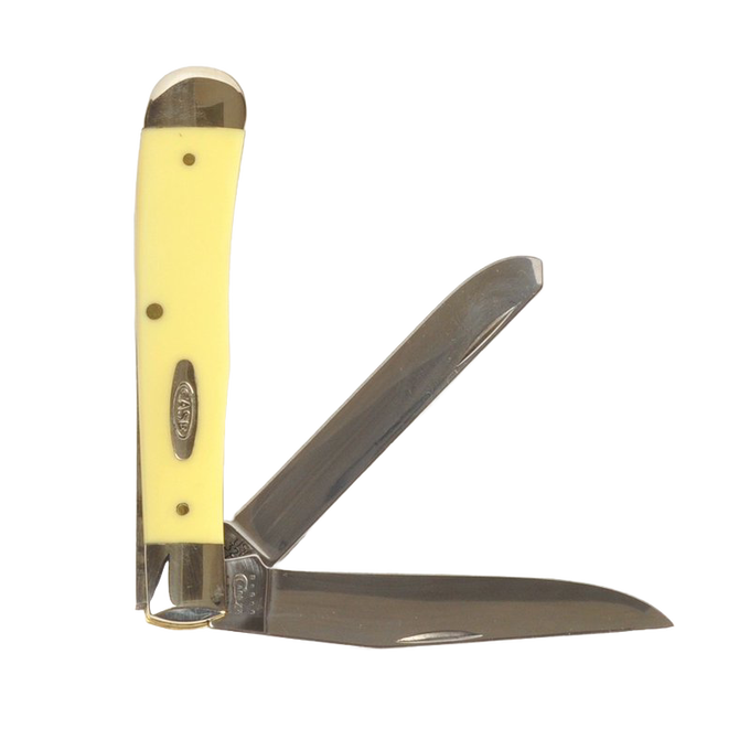 Traditional pocket knife with bright yellow handle made in USA, featuring two chrome vanadium blades ideal for farm, garden, camping, and hand tool use.