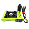 Bright lime green portable outdoor stove with cast aluminum burner and dial control, accompanied by butane fuel cartridge, propane tank, and connection hose for camping and emergency use.