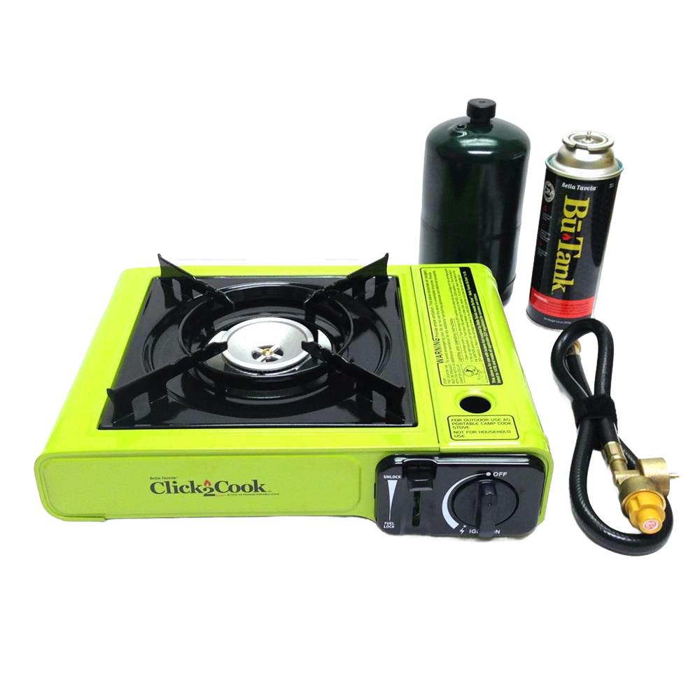Bright lime green portable outdoor stove with cast aluminum burner and dial control, accompanied by butane fuel cartridge, propane tank, and connection hose for camping and emergency use.