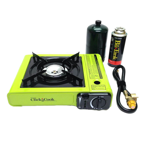Bright lime green portable outdoor stove with cast aluminum burner and dial control, accompanied by butane fuel cartridge, propane tank, and connection hose for camping and emergency use.