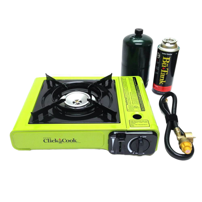 Bright lime green portable outdoor stove with cast aluminum burner and dial control, accompanied by butane fuel cartridge, propane tank, and connection hose for camping and emergency use.