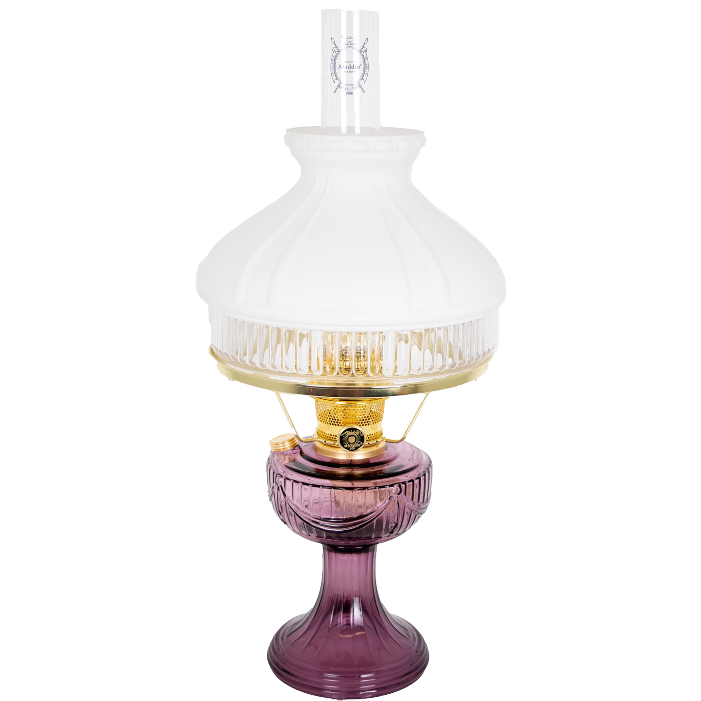 Handcrafted Aladdin Lincoln Drape oil lamp with amethyst base, brass burner, and frosted white top shade, bright enough for reading, ideal for Farm, Garden & Tool and Emergency Supplies collections.