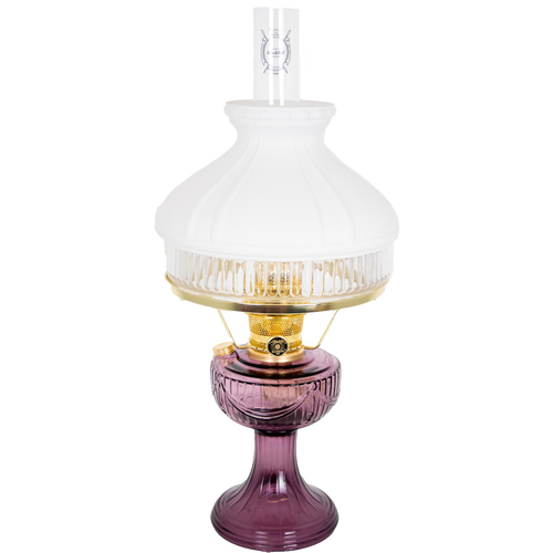 Handcrafted Aladdin Lincoln Drape oil lamp with amethyst base, brass burner, and frosted white top shade, bright enough for reading, ideal for Farm, Garden & Tool and Emergency Supplies collections.