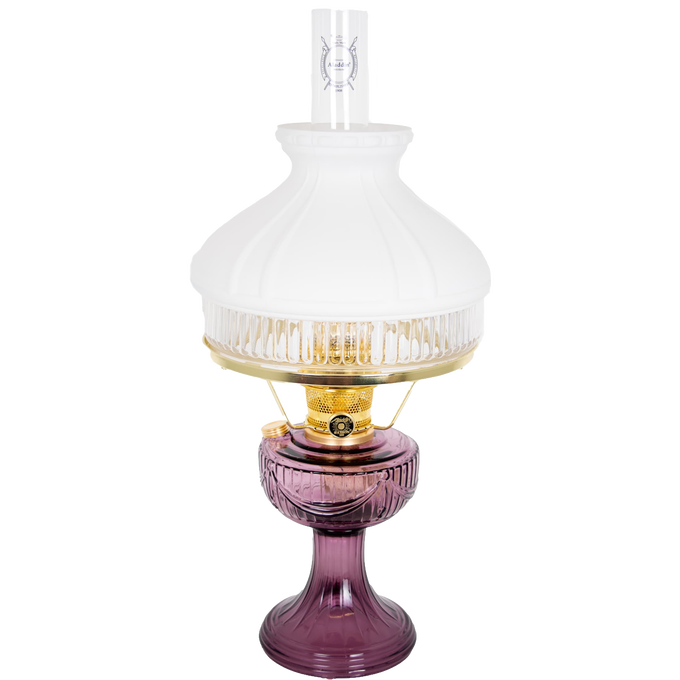 Handcrafted Aladdin Lincoln Drape oil lamp with amethyst base, brass burner, and frosted white top shade, bright enough for reading, ideal for Farm, Garden & Tool and Emergency Supplies collections.