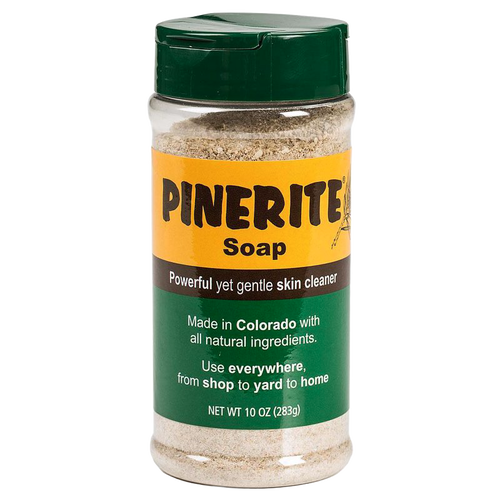Clear plastic 10-ounce container of all-natural pine soap with green flip-top lid and yellow-green label highlighting gentle, powerful skin cleaning made in USA, featured in Health & Wellness and Soaps collections.