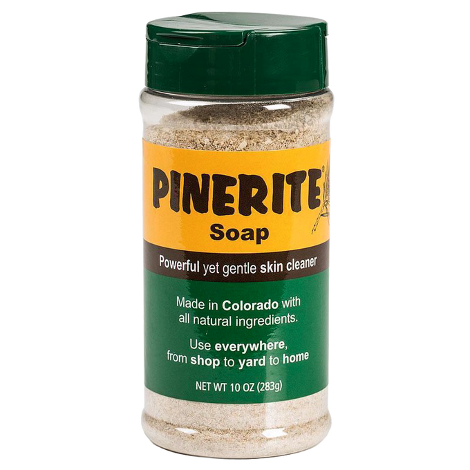 Clear plastic 10-ounce container of all-natural pine soap with green flip-top lid and yellow-green label highlighting gentle, powerful skin cleaning made in USA, featured in Health & Wellness and Soaps collections.