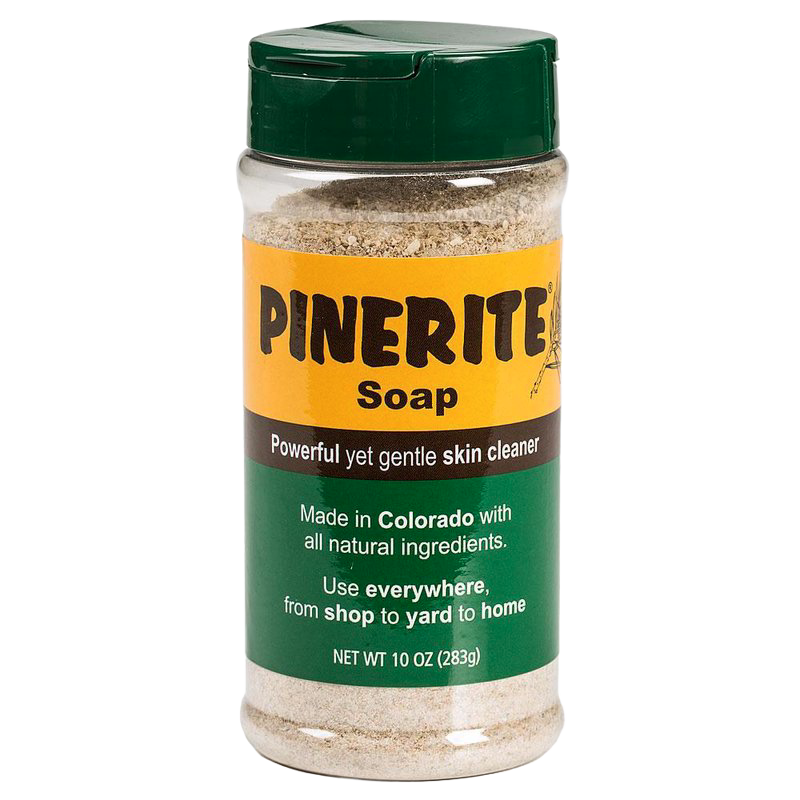 Clear plastic 10-ounce container of all-natural pine soap with green flip-top lid and yellow-green label highlighting gentle, powerful skin cleaning made in USA, featured in Health & Wellness and Soaps collections.