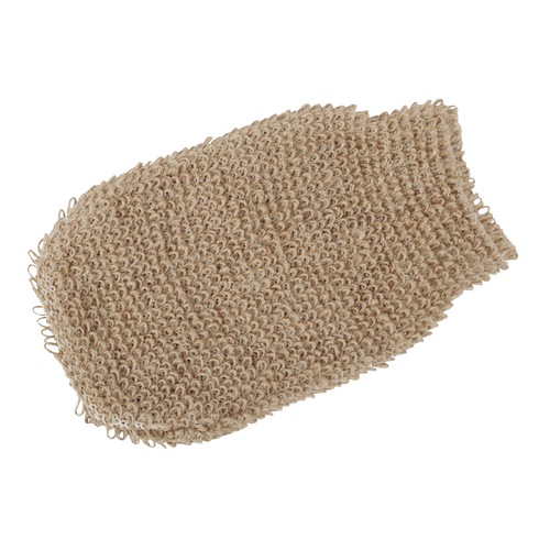 Beige exfoliating glove made from a flax and cotton blend with a firm textured surface, ideal for invigorating skin massage in Health & Wellness and Grooming collections.