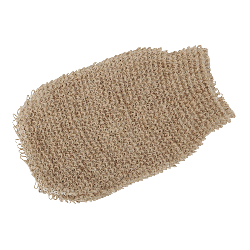 Beige exfoliating glove made from a flax and cotton blend with a firm textured surface, ideal for invigorating skin massage in Health & Wellness and Grooming collections.