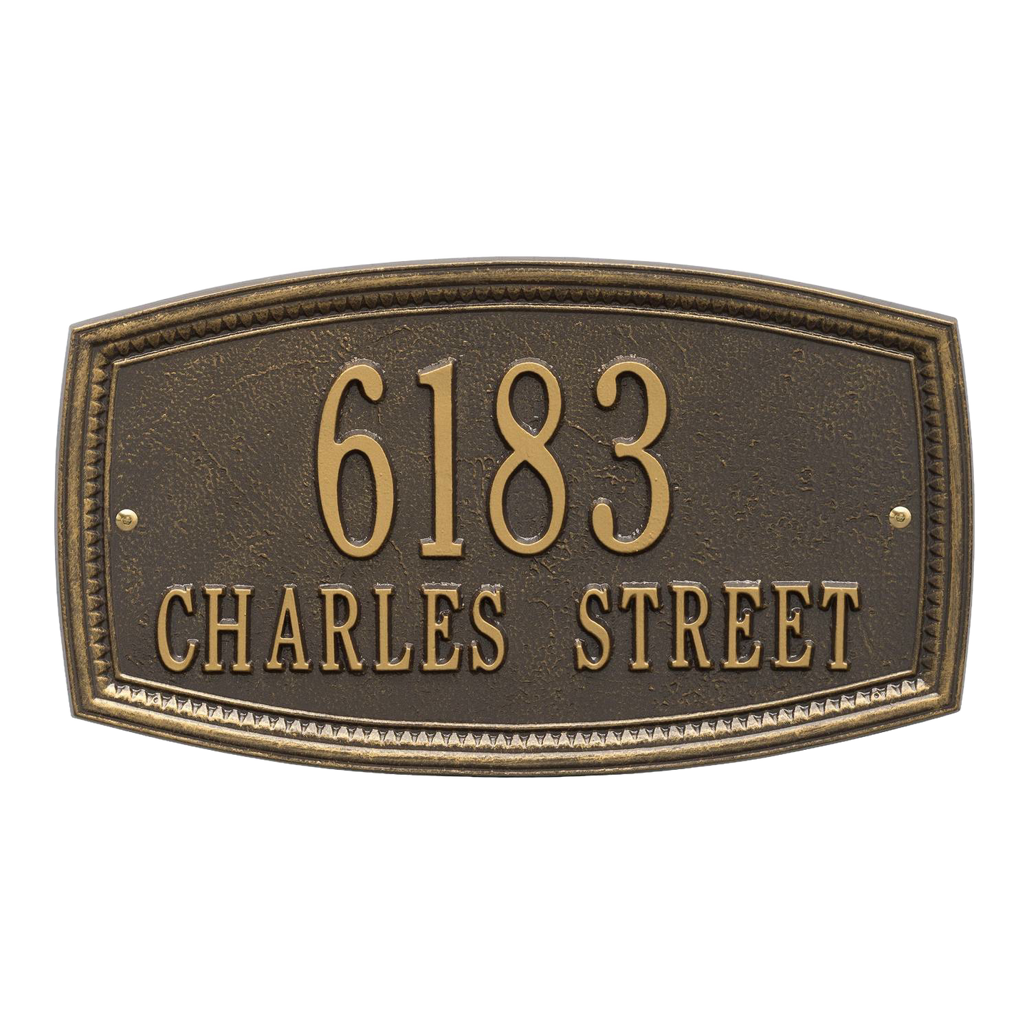 Bronze custom wall plaque with raised address numbers and street name in classic style, handcrafted in the USA, ideal for Home & Decor, Mailboxes and Address Signs, and Best Sellers collections.