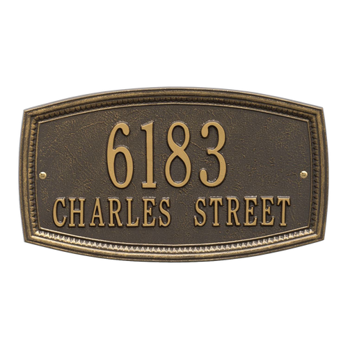 Bronze custom wall plaque with raised address numbers and street name in classic style, handcrafted in the USA, ideal for Home & Decor, Mailboxes and Address Signs, and Best Sellers collections.