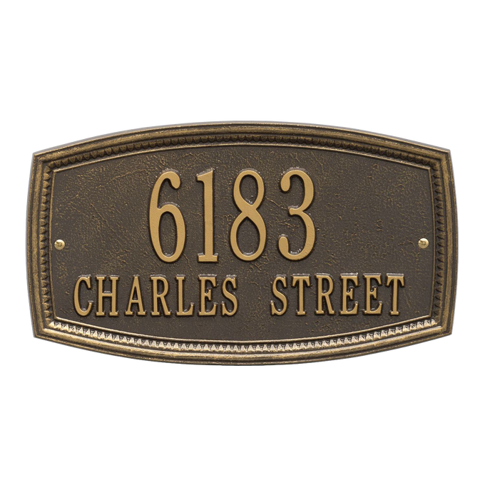 Bronze custom wall plaque with raised address numbers and street name in classic style, handcrafted in the USA, ideal for Home & Decor, Mailboxes and Address Signs, and Best Sellers collections.