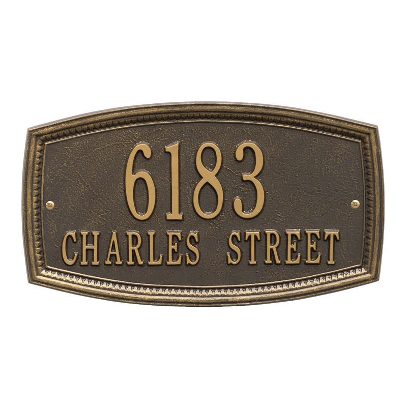 Bronze custom wall plaque with raised address numbers and street name in classic style, handcrafted in the USA, ideal for Home & Decor, Mailboxes and Address Signs, and Best Sellers collections.