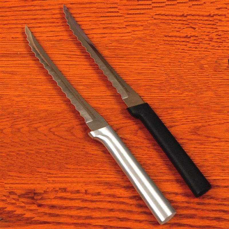 Two handcrafted tomato slicers with hand-sharpened high carbon surgical stainless steel serrated blades, featuring aluminum and black handles, on a wooden surface, USA Made collections.