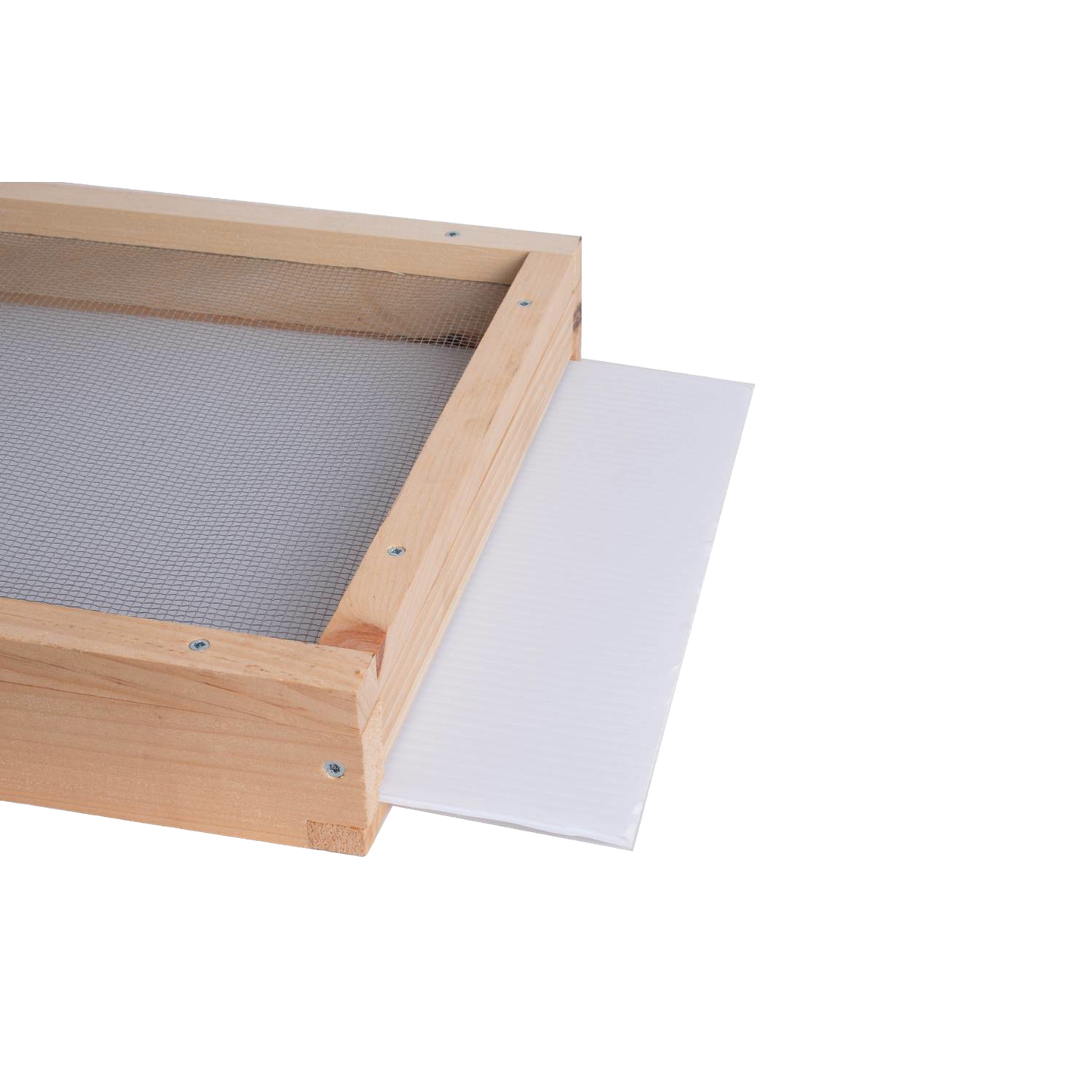 Handcrafted Amish-made debris board made in USA, designed to slide easily into an 8-frame screen base for monitoring mites, featured in beekeeping and farm tool collections.