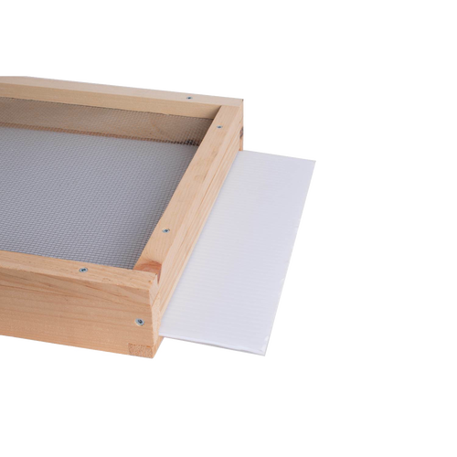 Handcrafted Amish-made debris board made in USA, designed to slide easily into an 8-frame screen base for monitoring mites, featured in beekeeping and farm tool collections.