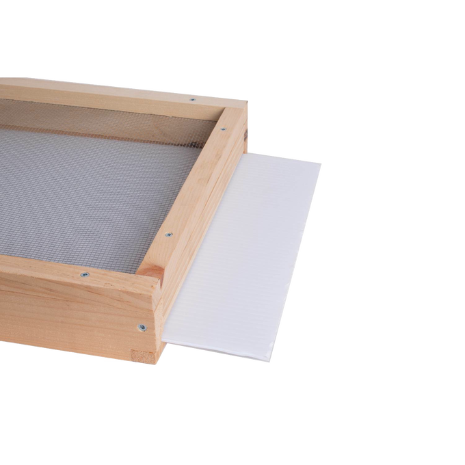 Handcrafted Amish-made debris board made in USA, designed to slide easily into an 8-frame screen base for monitoring mites, featured in beekeeping and farm tool collections.