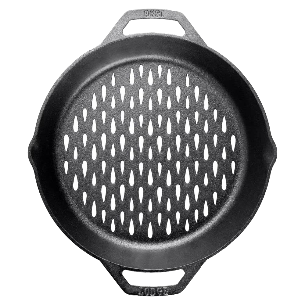 Handcrafted cast iron grilling basket with dual handles and perforated teardrop holes for even flame exposure, ideal for grilling vegetables and fish in Kitchen & Food and Cast Iron collections.