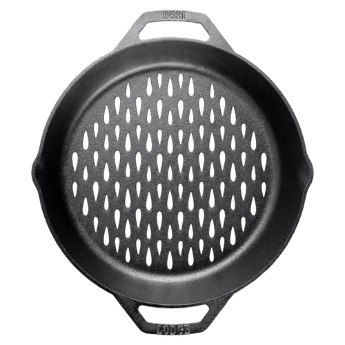 Handcrafted cast iron grilling basket with dual handles and perforated teardrop holes for even flame exposure, ideal for grilling vegetables and fish in Kitchen & Food and Cast Iron collections.