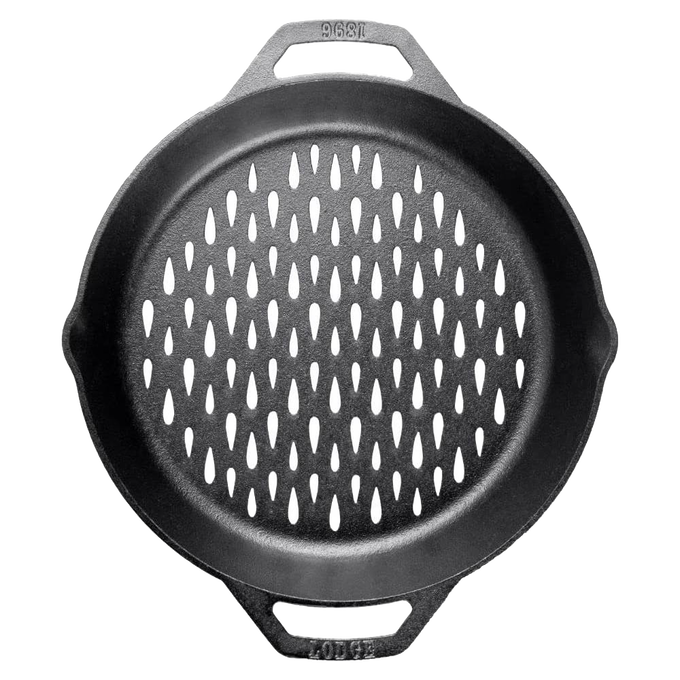 Handcrafted cast iron grilling basket with dual handles and perforated teardrop holes for even flame exposure, ideal for grilling vegetables and fish in Kitchen & Food and Cast Iron collections.