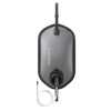 Top-down view of a gray high-capacity outdoor water filter bag with attached clear tubing and black spout, designed for camping, emergency use, and water treatment.