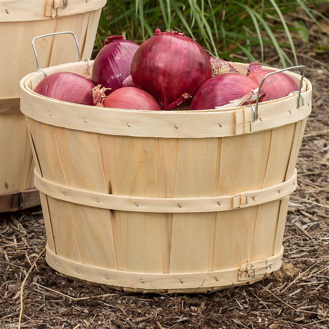 Handcrafted poplar wood half bushel basket with metal wire handles, filled with fresh red onions and set outdoors, ideal for Farm, Garden & Tool, Garden Accessories, USA Made collections.