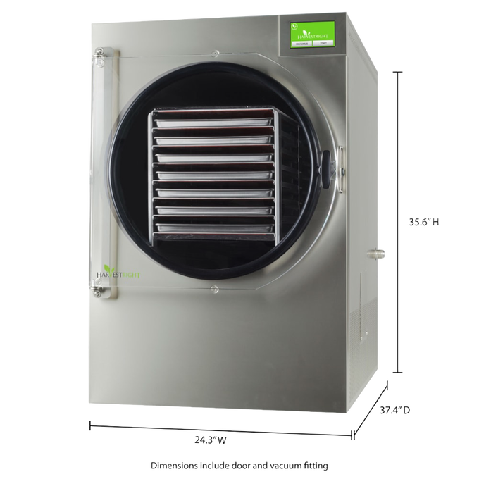 Stainless steel home freeze dryer with clear door revealing multiple drying trays inside, featuring a green digital touch screen, crafted for Kitchen & Food, Food Preservation, Freezing, Drying, and Best Sellers collections.