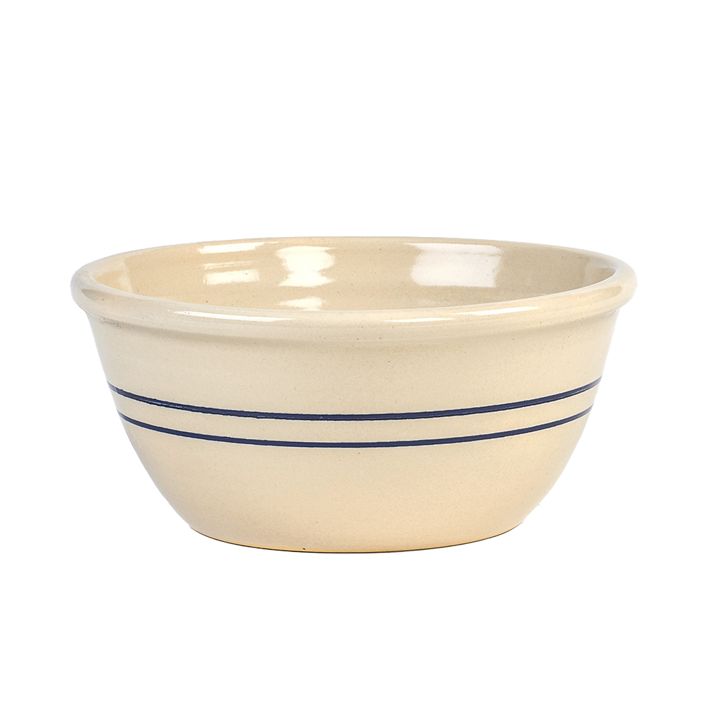 Handcrafted stoneware mixing bowl with a classic blue stripe design, made in USA for Kitchen & Food, Cookware, Baking Supplies, and Storage and Serving collections.