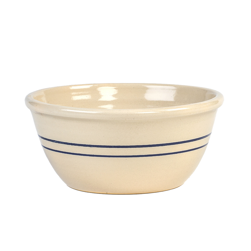 Handcrafted stoneware mixing bowl with a classic blue stripe design, made in USA for Kitchen & Food, Cookware, Baking Supplies, and Storage and Serving collections.